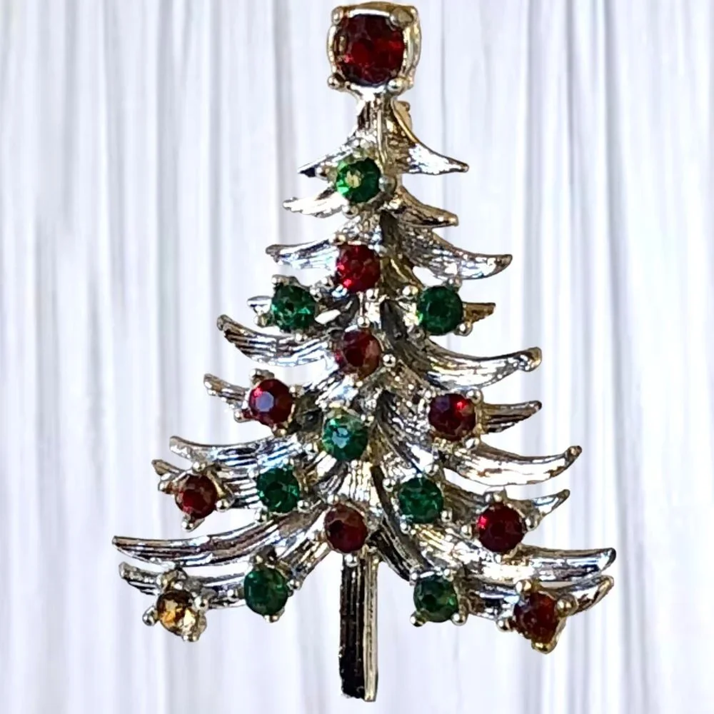 MYLU Vintage Christmas Tree Pin Brooch SilverTone Red & Green Rhinestones